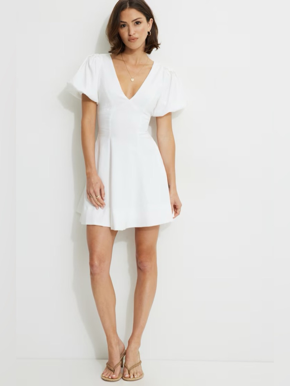 Dynamite White V-Neck Puff Sleeve Mini Dress